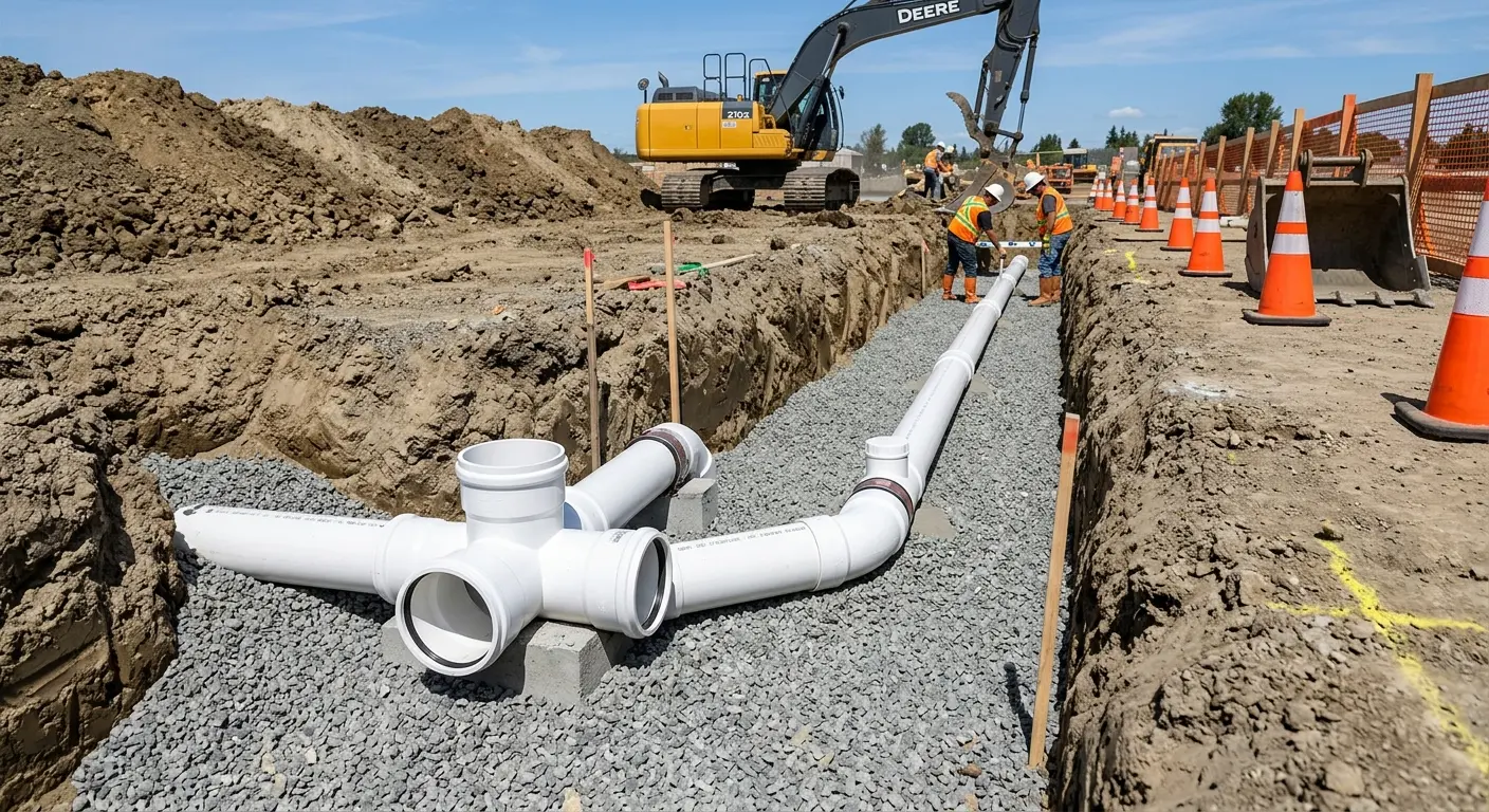New PVC sewer pipe installation in open trench for Commercial Drain Cleaning in Worcester