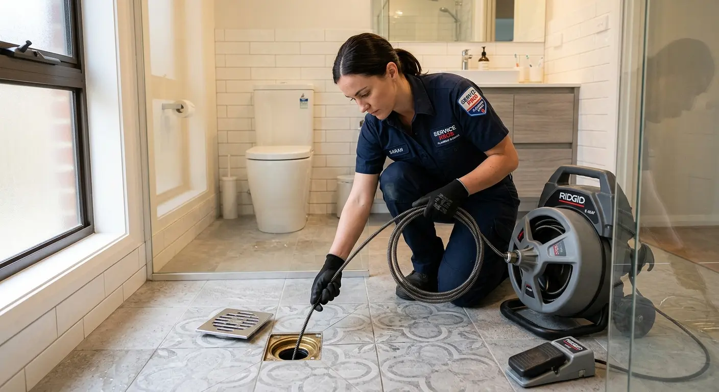 Technician clearing a bathroom floor drain for Sewer Line Replacement in Worcester